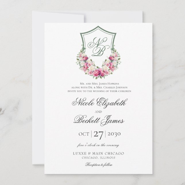 Convites Crest Floral Rosa Casamento (Frente)