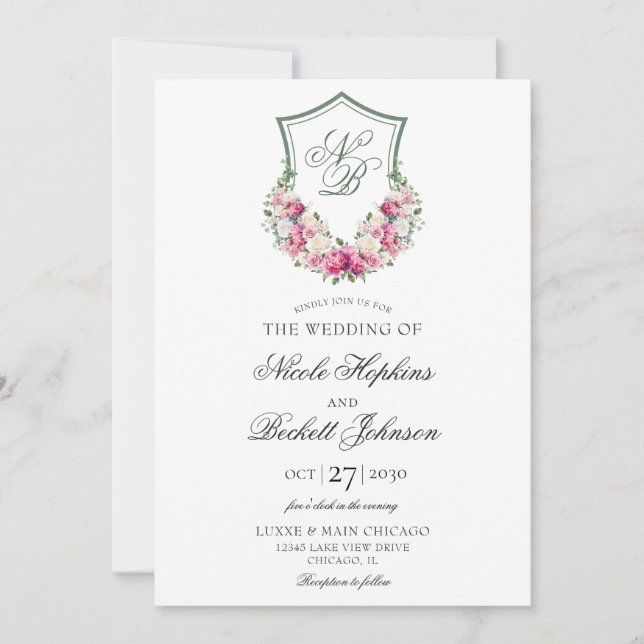 Convites Crest Floral Rosa Casamento (Frente)