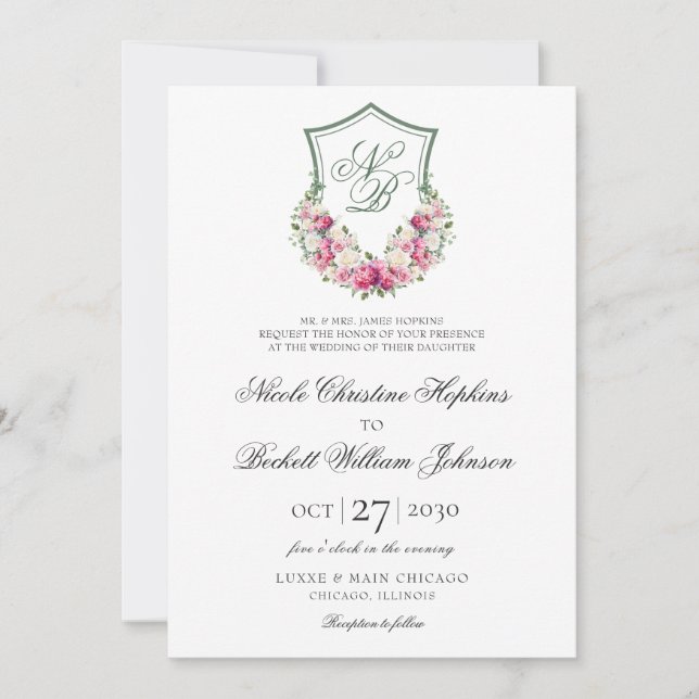 Convites Crest Floral Rosa Casamento (Frente)