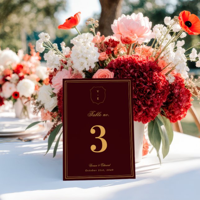 Convites Crest Monogram Burgundy Gold Wedding Table Number (Criador carregado)