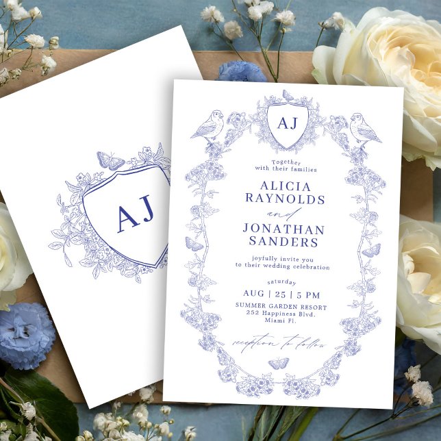 Convites Crest monogram classic blue toile de jouy wedding (Criador carregado)