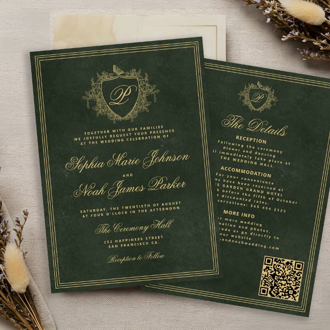 Convites Crest monogram QR code emerald green gold wedding (Criador carregado)