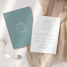 Convites Crest Monograma Azul Empoeirado Casamento Sofistic