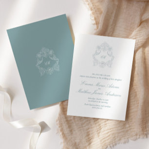 Convites Crest Monograma Azul Empoeirado Casamento Sofistic