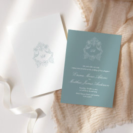 Convites Crest Monograma Azul Poeirento Sofisticado Casamen