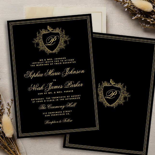 Convites Crest monograma clássico dourado preto casamento (Criador carregado)