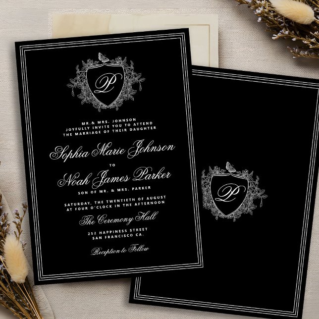 Convites Crest monograma clássico preto e branco casamento (Criador carregado)
