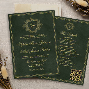 Convites Crest monograma código QR esmeralda verde dourado 