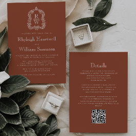 Convites Crest Monograma Código QR Terracota Casamento