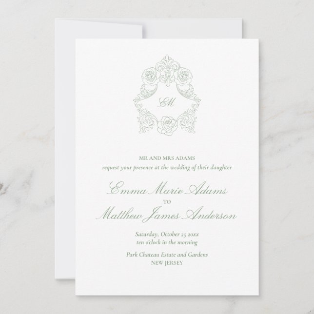 Convites Crest Monograma Verde Sálvia Casamento Clássico (Frente)