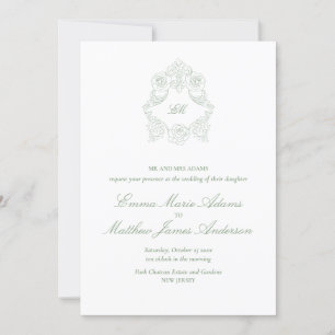Convites Crest Monograma Verde Sálvia Casamento Clássico