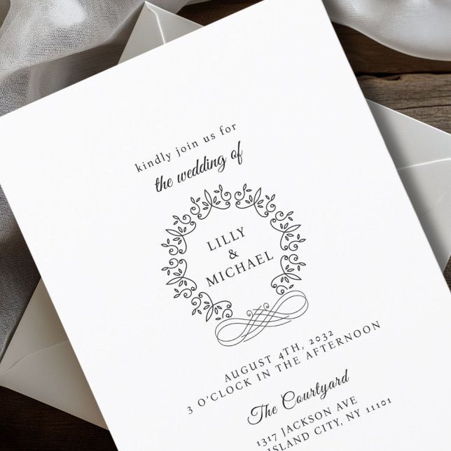 Convites Crest Real Elegante Casamento (Royal, Elegant, Classic, White Wedding Invitation with scripted font. Personalized in minutes.)