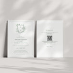 Convites Crest Sage Green Monograma QR Code Casamento<br><div class="desc">Monograma da crista formal e elegante convite para casamento verde com código QR e informações mais detalhadas no verso.</div>