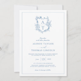 Convites Crest Vibrant Blue Monograma Código QR Casamento