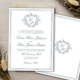 Convites Crest vintage em azul poeirento monograma casament