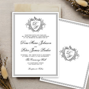 Convites Crest vintage preto e branco monograma casamento