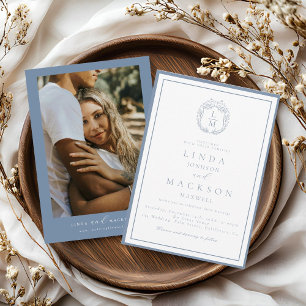 Convites Crestão botânico monograma de casamento azul empoe