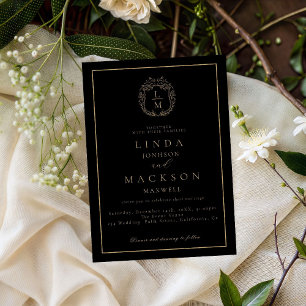 Convites Crestão botânico monograma de casamento preto e do
