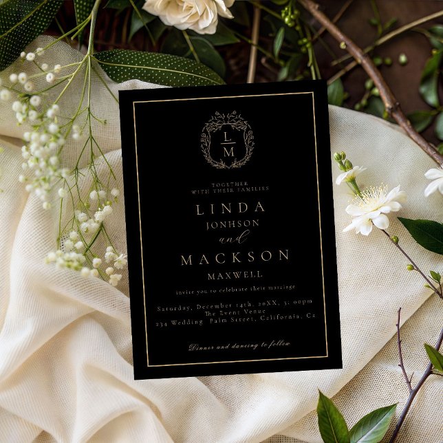 Convites Crestão botânico monograma de casamento preto e do (Criador carregado)