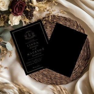Convites Crestão botânico monograma de casamento preto e do