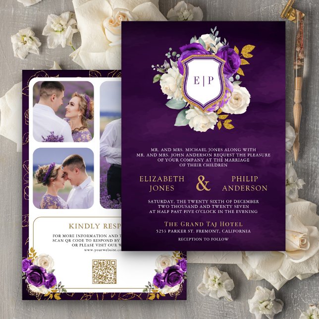 Convites Crestão de Casamento com Código QR Floral Roxo Rea (Criador carregado)