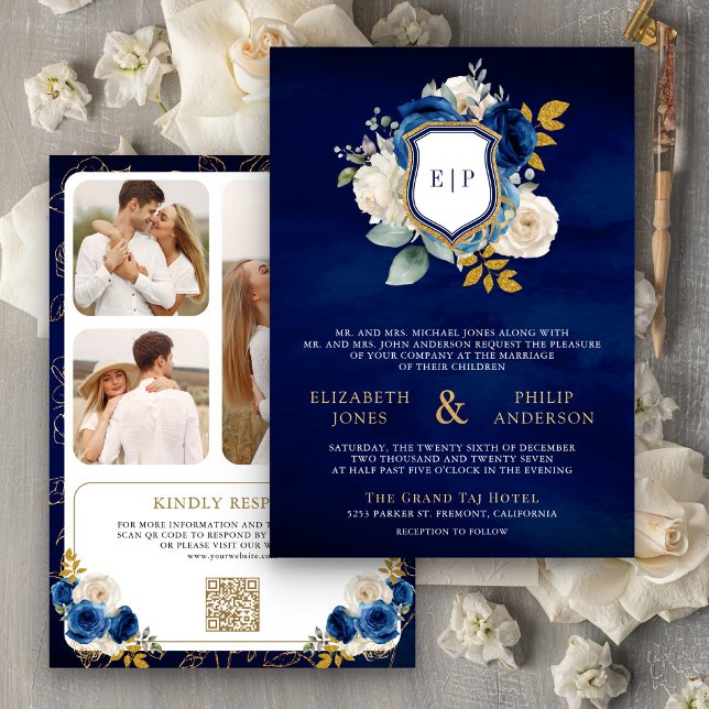 Convites Crestão de Foto com Código QR Floral Azul Real Cas (Criador carregado)