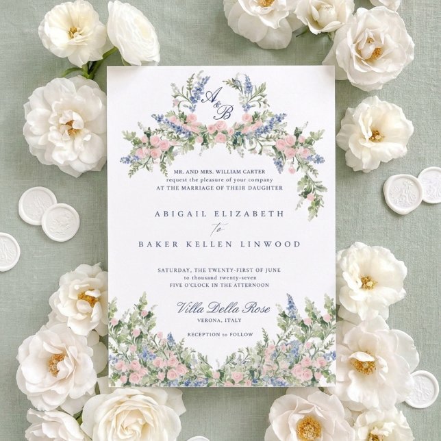 Convites Crestas Florais Monogramáticas para Casamento em V (Criador carregado)