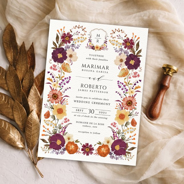 Convites Crestas Monogramáticas de Casamento com Florais Pi (Criador carregado)
