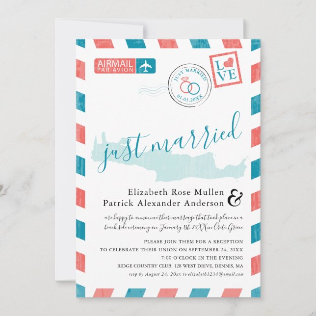 Convites Creta Grécia Antiga Correio Aéreo Pós Casamento (Frente)