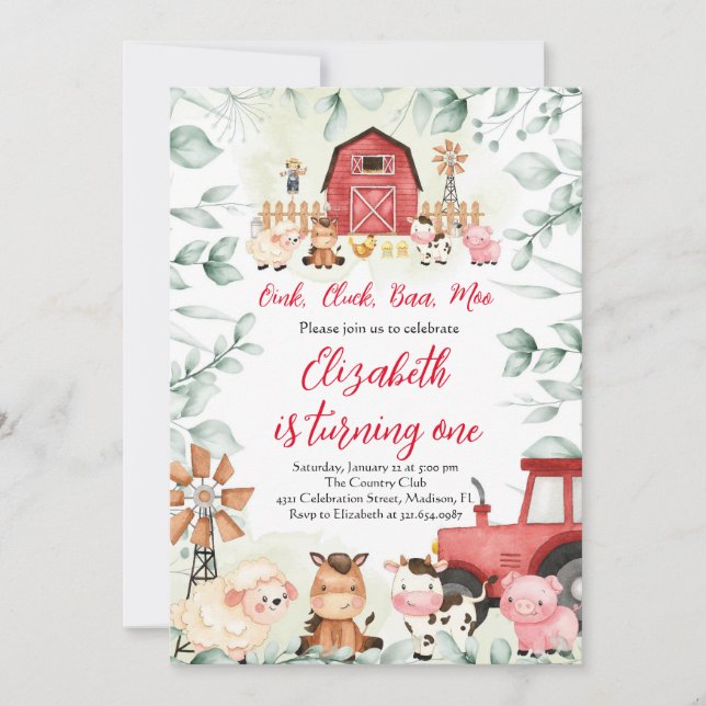 Convites Criações verdes Animais do Barnyard Red Boy Aniver (Frente)