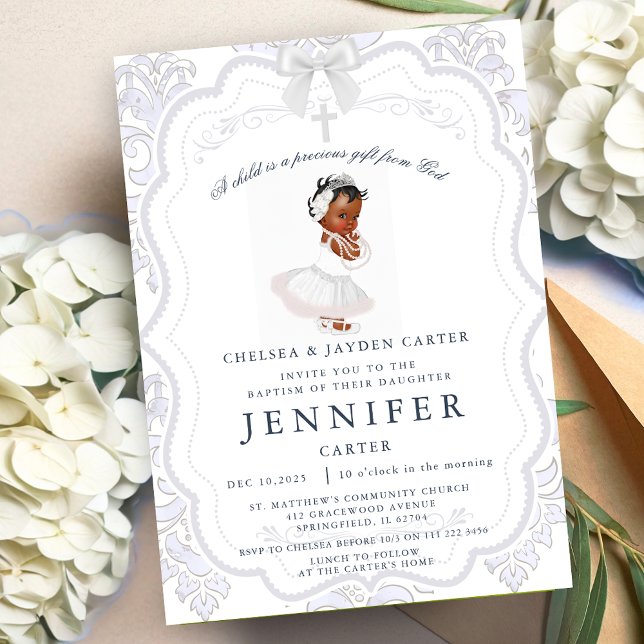 Convites Criança Afro-Americana de Batismo Christening (African American Baby Girl Baptism Christening Invitation)