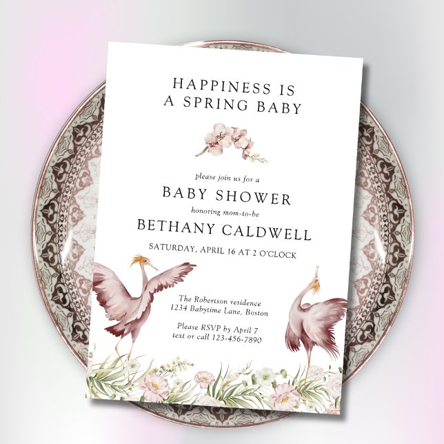Convites Criança Chegando: Dança dos Grous Floral Primaveri (Spring Baby Shower Invitation with Dancing Cranes)