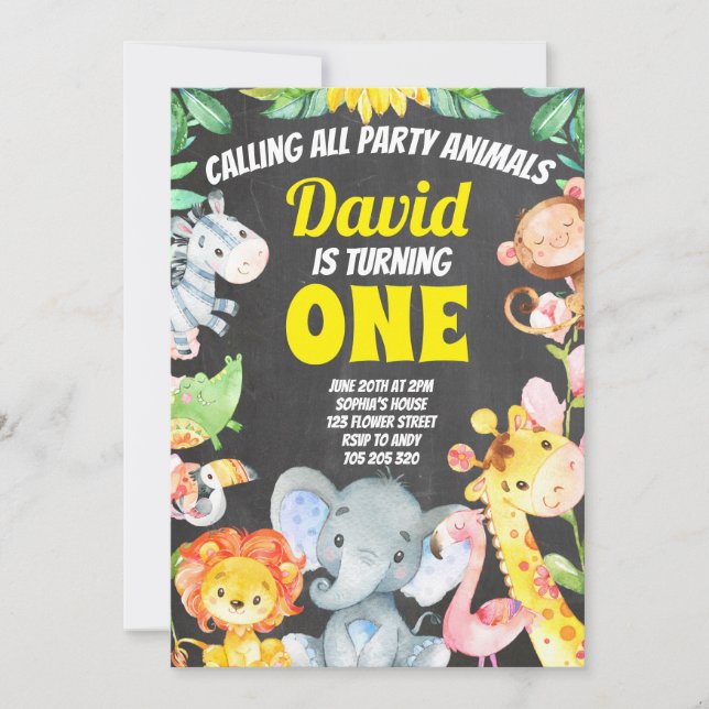 Convites Criança de Festas Nascimento Safari Chalkboard (Frente)