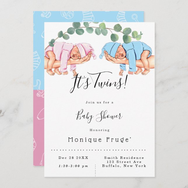 Convites Criança Garota Mamãe é Chá de fraldas gêmeo (Frente/Verso)