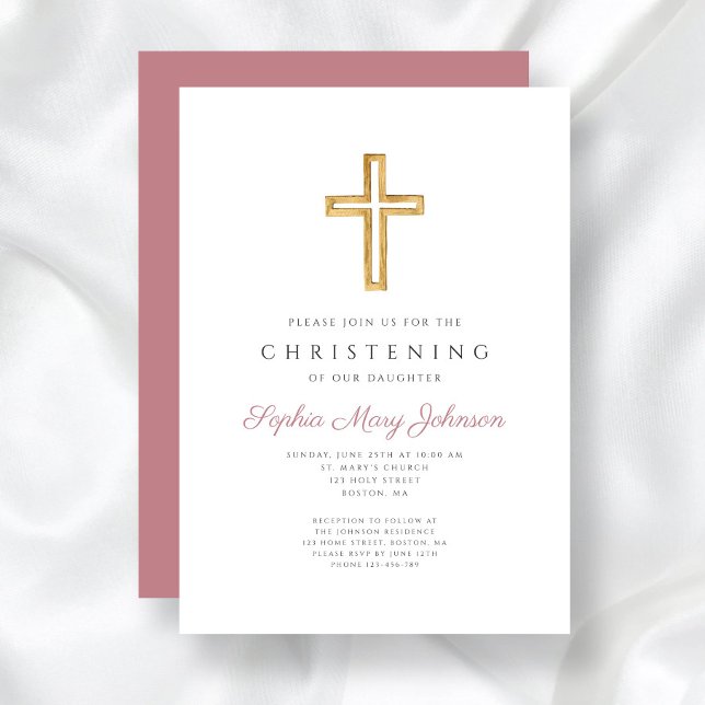 Convites Criança religiosa Rosa Moderna (Modern Pink Religious Cross Girl Christening Invitation)
