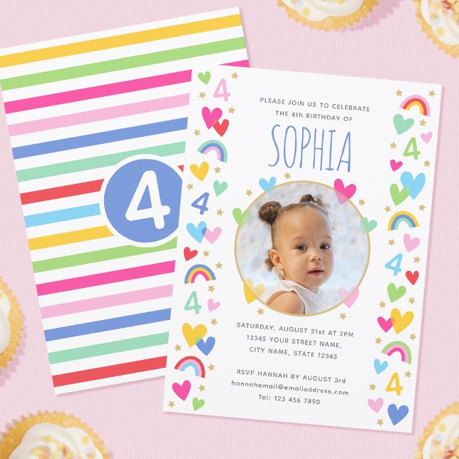 Convites Crianças 4º Aniversário Foto Cute Rainbow Foto Cor (Criador carregado)