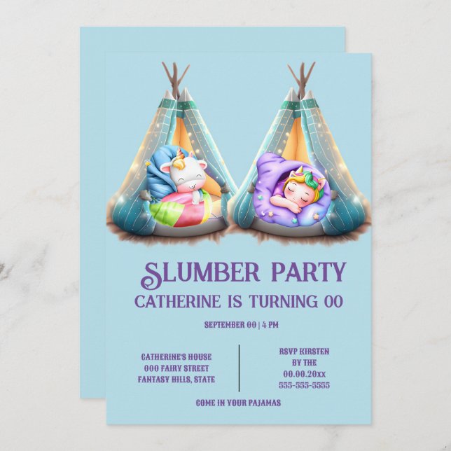 Convites Crianças adormecem festas de pijama (Frente/Verso)