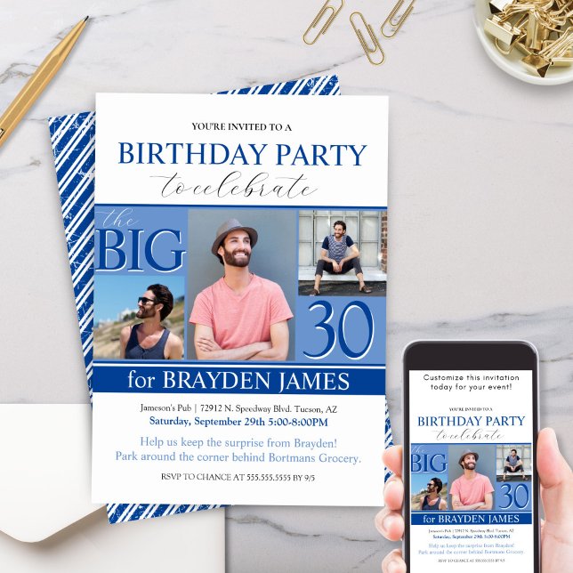 Convites Crianças Adultas Modernas Azuis Qualquer Idade Con (Modern blue saphire photo collage birthday party invitation with any birthday milestone)