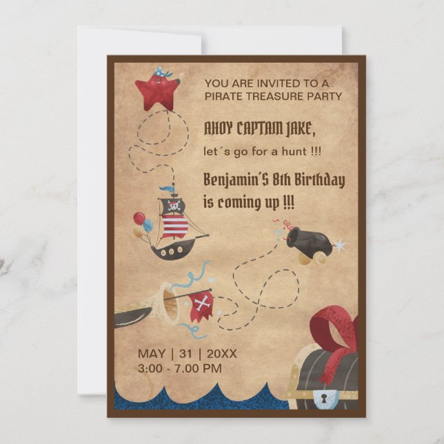 Convites crianças ahoy pirate treasure caçam aniversário (Frente)