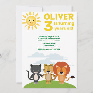 Convites Crianças Animais Selvagens, aniversário de 3 anos