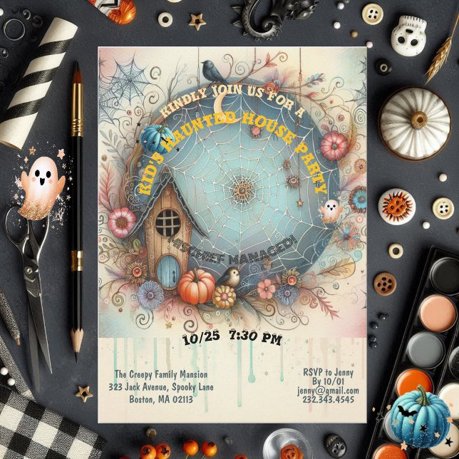 Convites Crianças Assombradas Festa de Casa Pastel Se Diver (Whimsical Kids Haunted House Party Pastel Fall Fun Invitation)