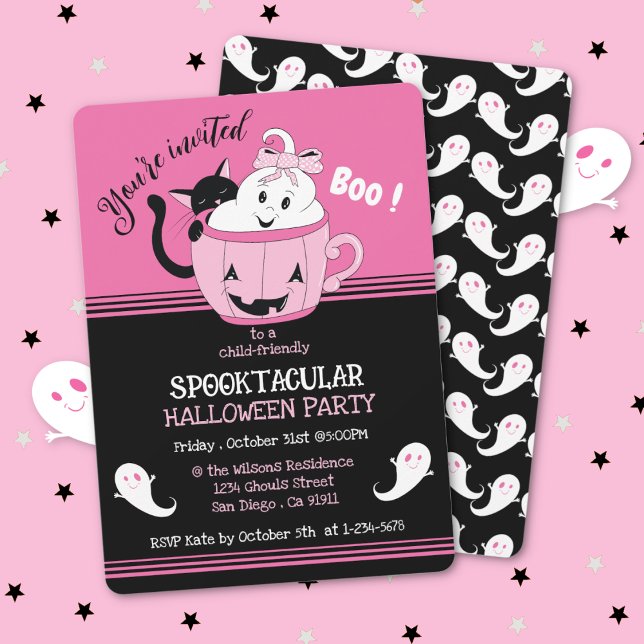Convites Crianças Bonitas e Loucas, Rosa, Chamadas de Dia d (Spooky cute pink and black ghost theme kid-friendly Halloween party invitation .)