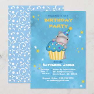 Convites Crianças Cute Hippo com Cupcake Azul