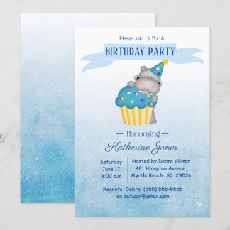 Convites Crianças Cute Hippo com um Aniversário Cupcake Azu
