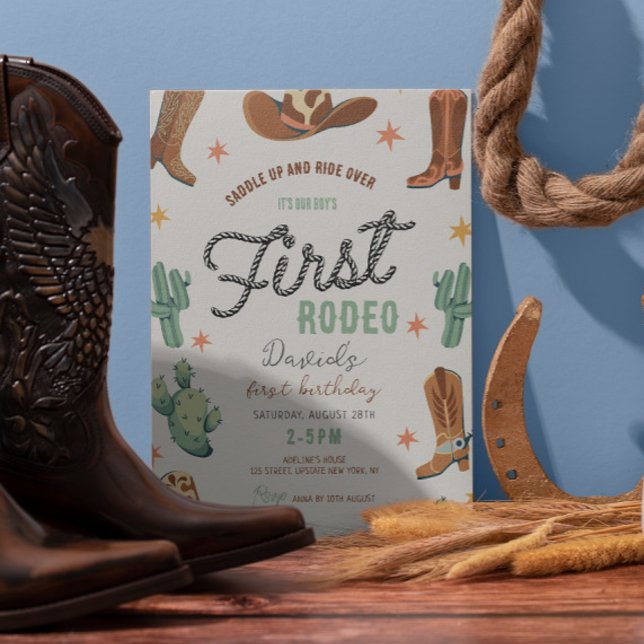 Convites Crianças Cutes do Garoto do Primeiro Aniversário d (First Rodeo Birthday Cowboy Invitation template )