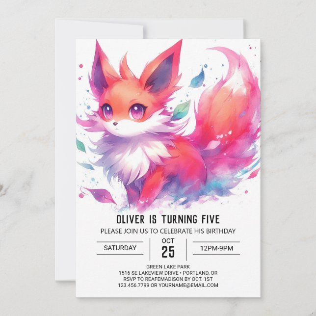 Convites Crianças da Aquarela Fox Birthday (Frente)