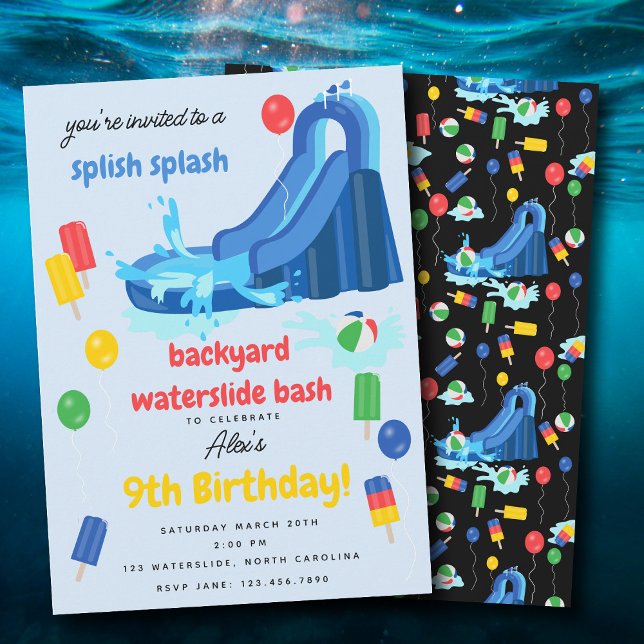 Convites Crianças de Escrega de Vias de Água Parafuso de Ve (Waterslide Kids Summer Splish Splash Birthday Invitation)
