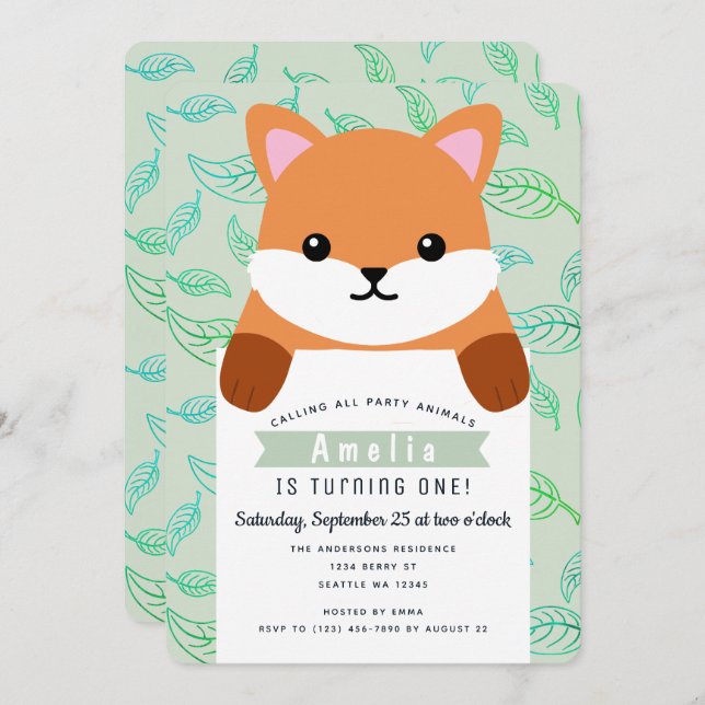 Convites Crianças de Raposa Bonitas Primeiro Aniversário (Frente/Verso)