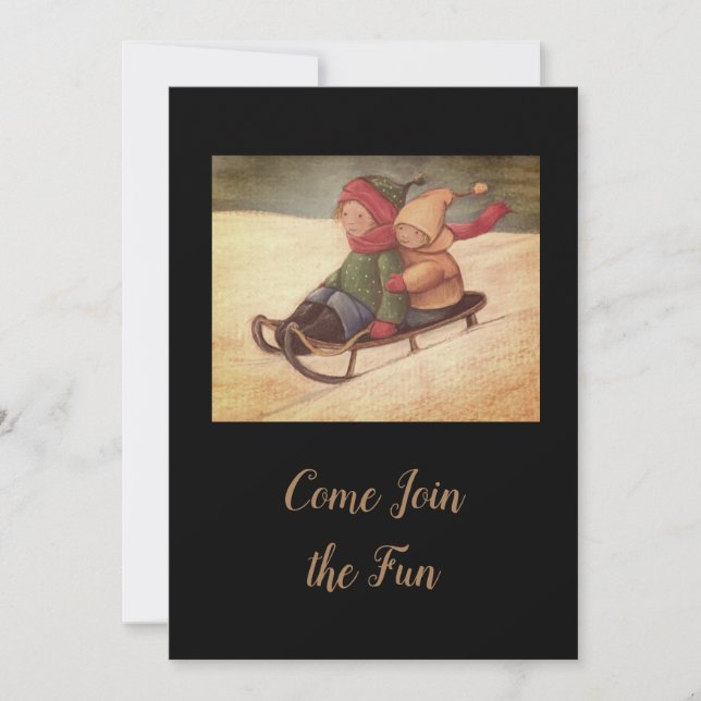 Convites Crianças deslizando no trenó na neve (Frente)