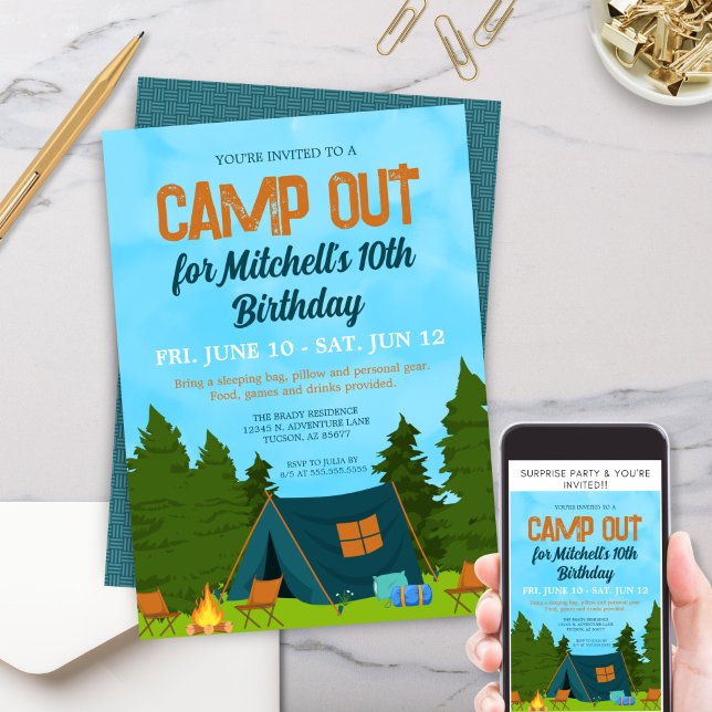 Convites Crianças Divertidas Tendam Festa de aniversário de (Personalized camp out birthday party invitation for kids camping theme sleepover adventure outdoors)